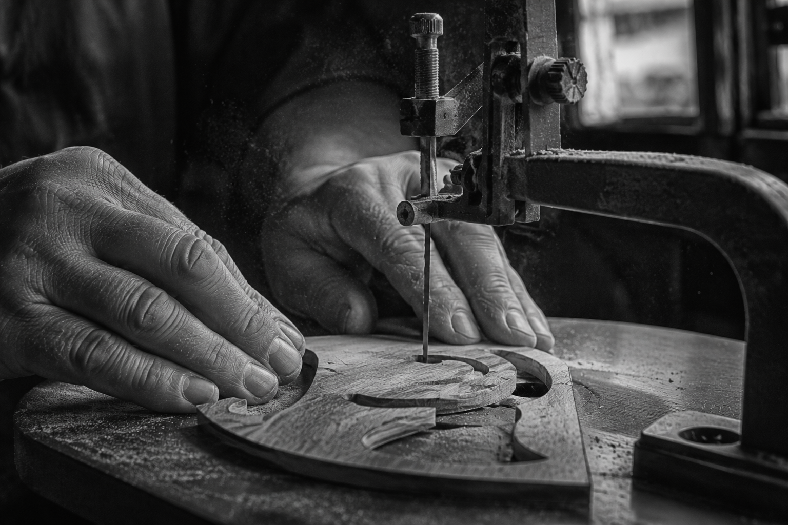 Travail au chantournage sur établi, copeaux de bois