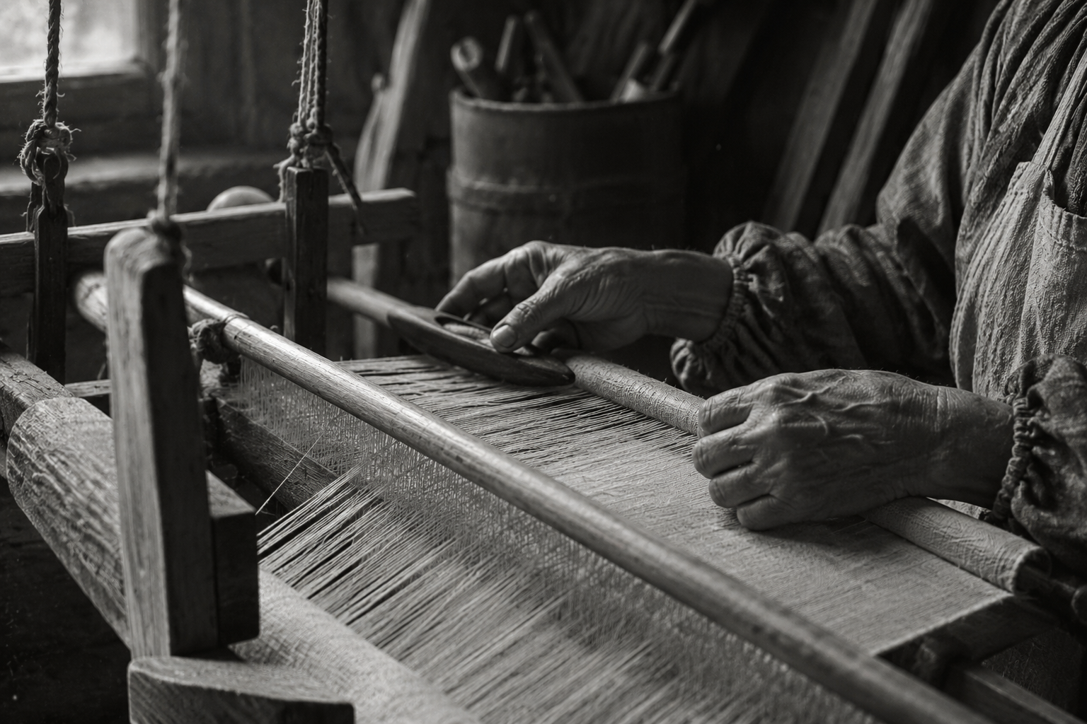Mains de tisserand sur un métier à tisser