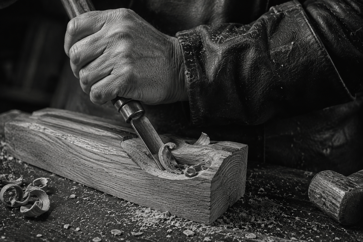 Mains d'un sculpteur breton travaillant le bois, copeaux et gouge en atelier